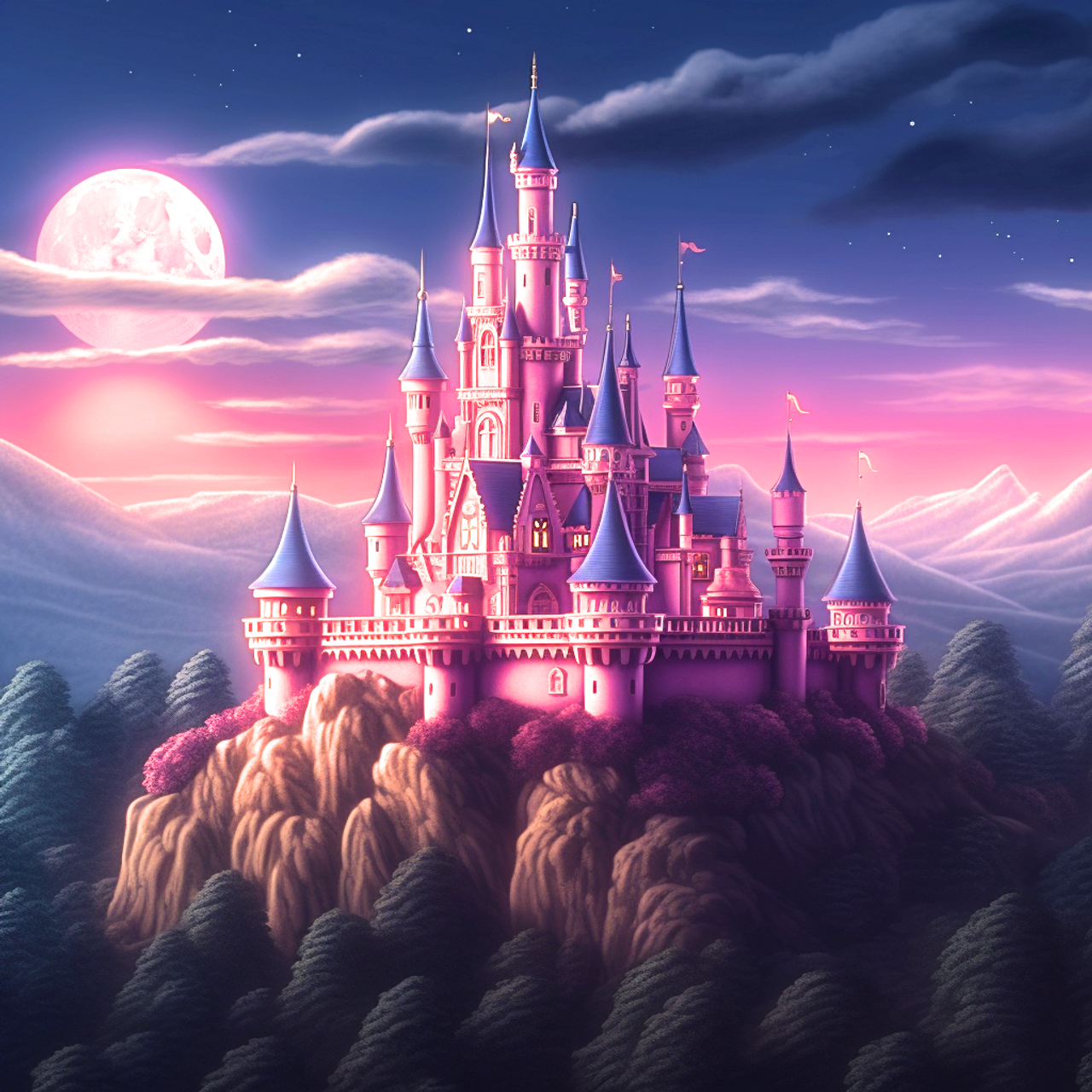 5D Diamond Painting Pink Castle and Moon Kit